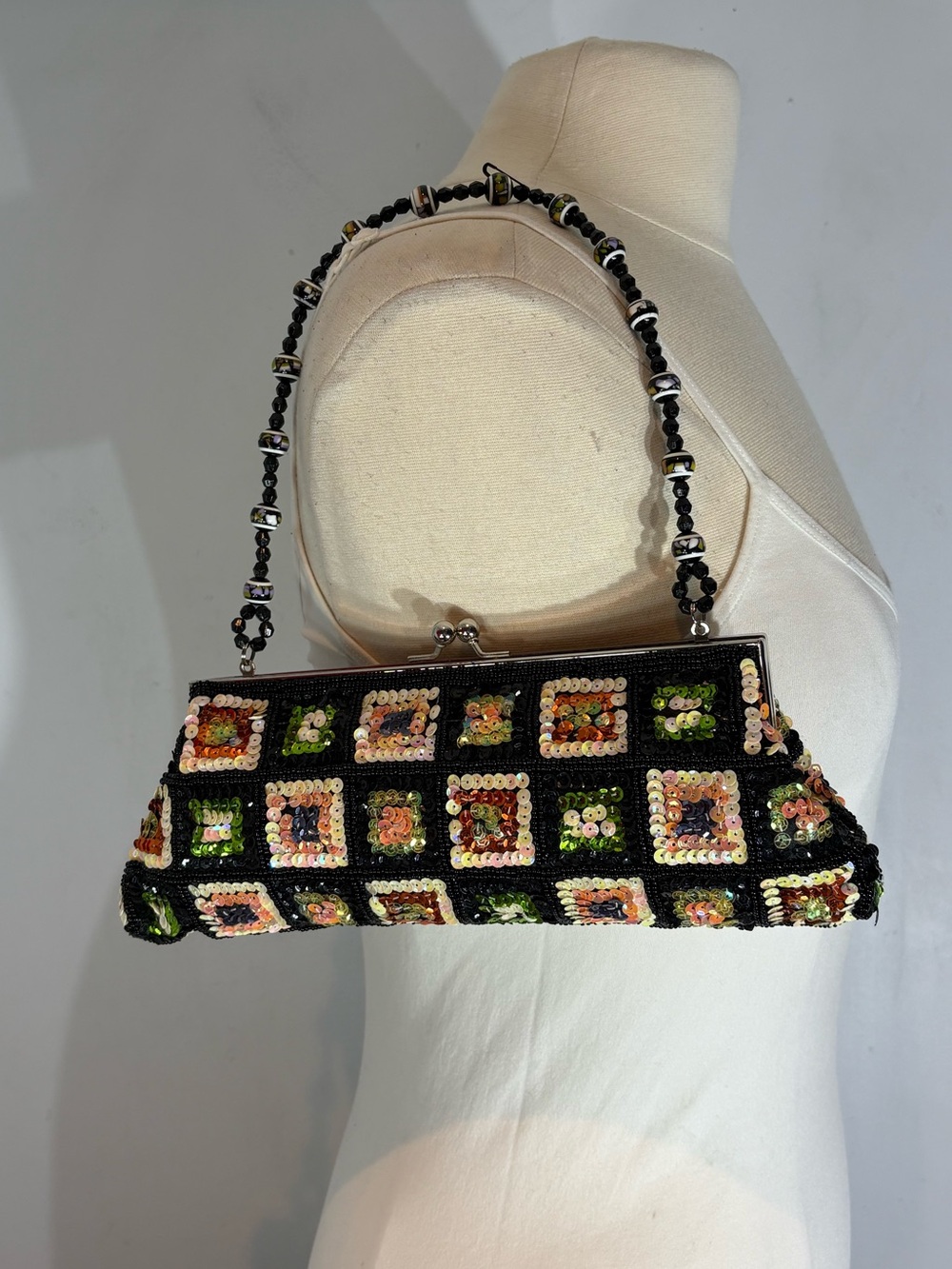 Vintage Sequin Evening Bag with Beaded Strap & Kiss Lock
